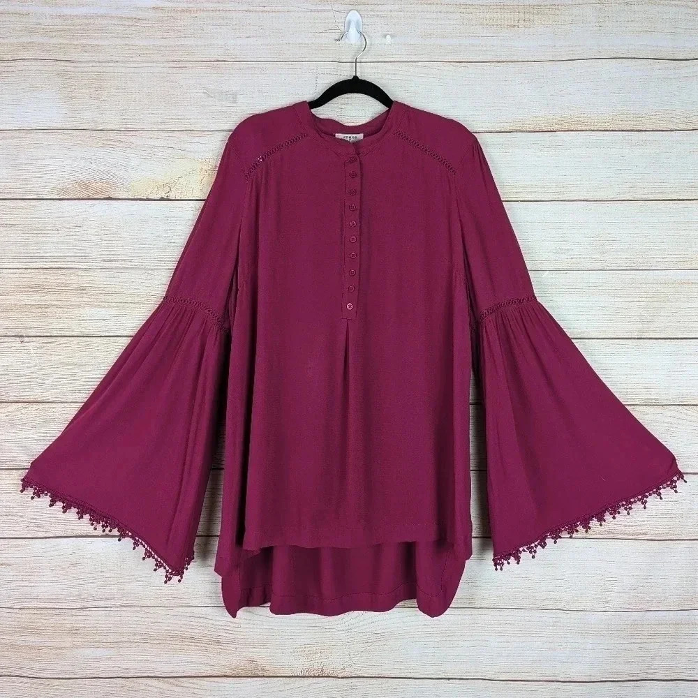 Umgee Size Large Popover Tunic Top Hot Pink Long Trumpet Sleeve High Low Hem